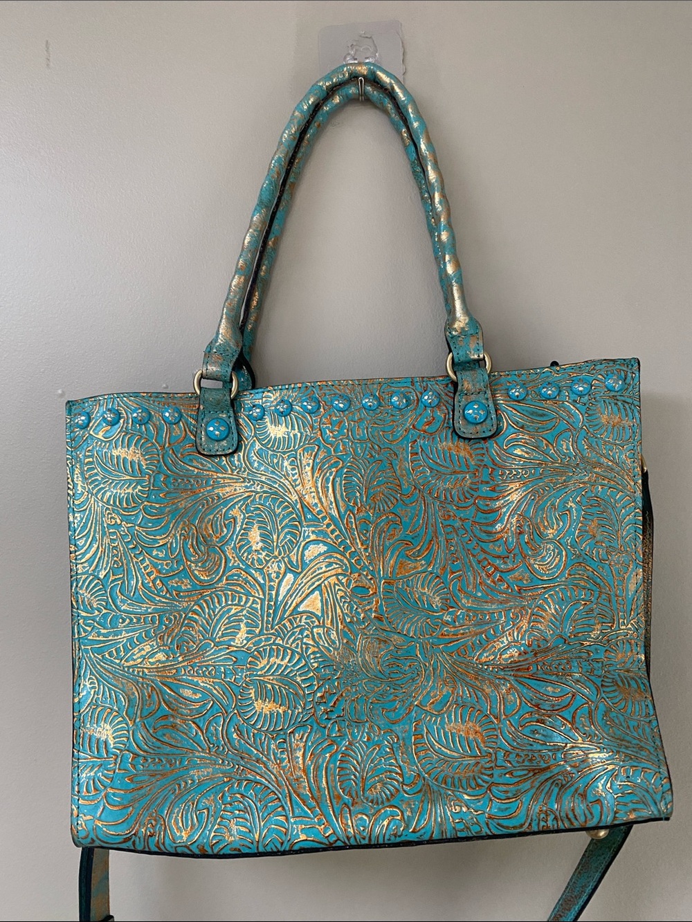 PATRICIA NASH Zancona Tooled Turquoise Leather Tote Bag Teal green Floral - Picture 4 of 9